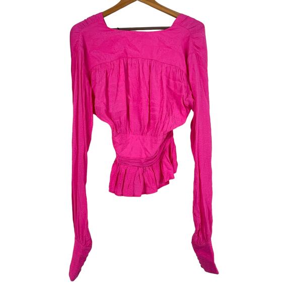 Rotate Birger Christensen NWT Tracy Peplum Top Size 4 Barbie Pink Ruched V-Neck - Picture 6 of 16